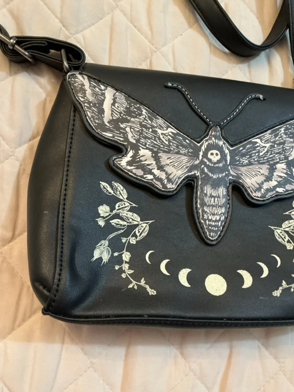 Hot Topic Black Crossbody Bag with Moth and Moon Design - Picture 3 of 6